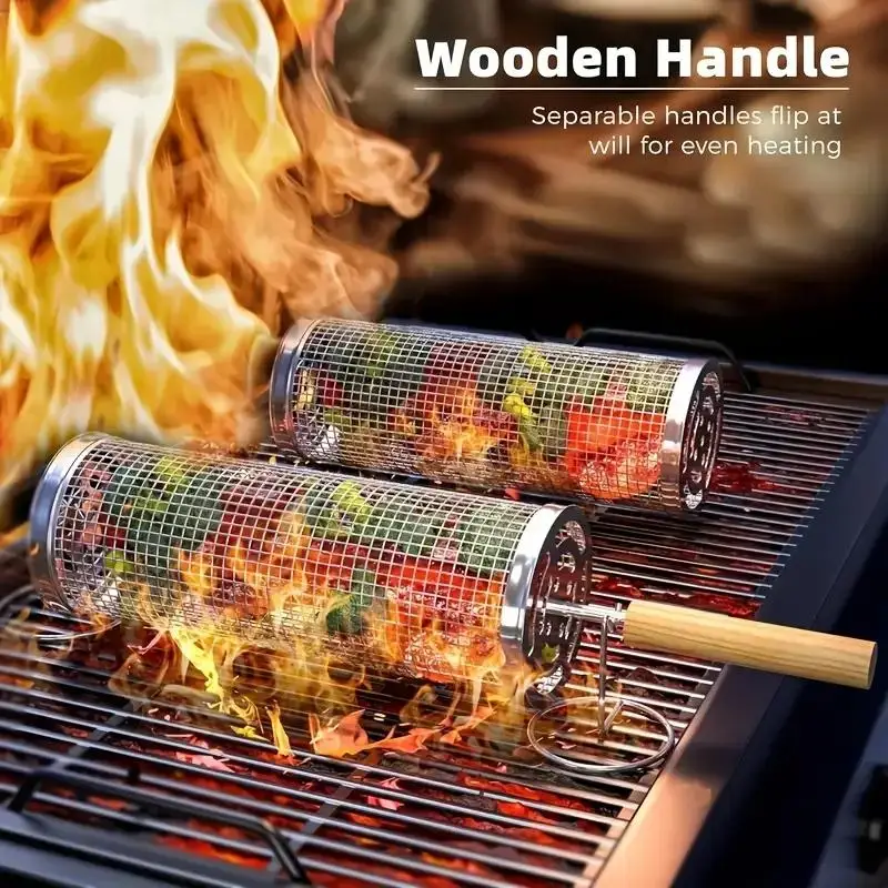 Outdoor Camping Grill - Paslanmaz Çelik Barbekü Izgara Sepeti, Yuvarlak